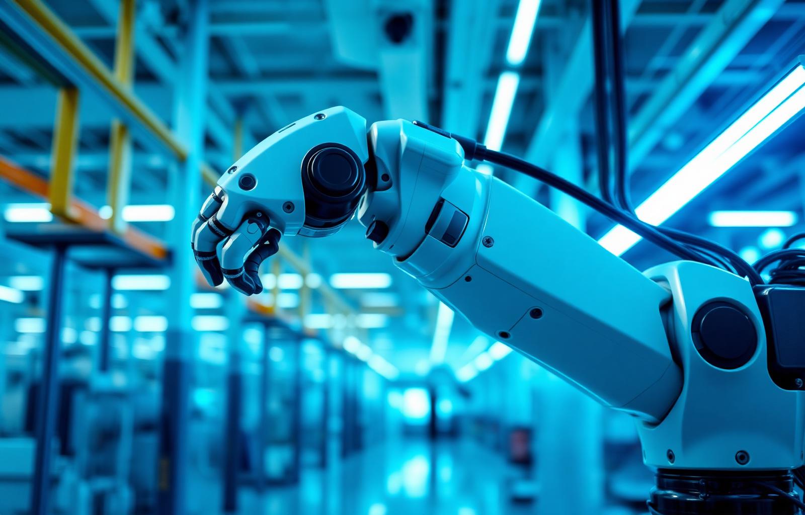 Industrial robot arm in a modern automated facility