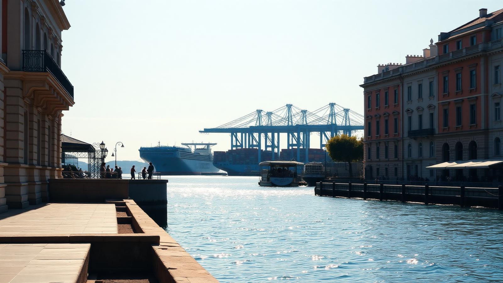 Mediterranean waterfront with classical architecture and a working port