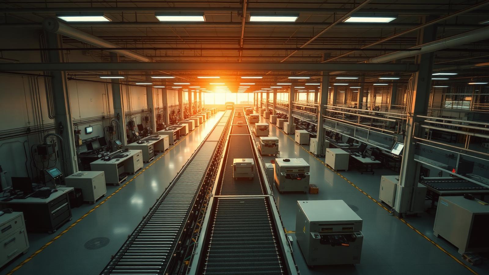 Modern manufacturing floor at golden hour
