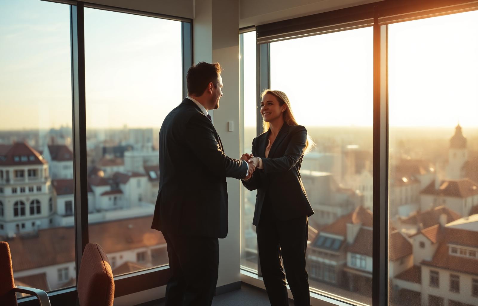 Business partners agreeing terms with European city in background